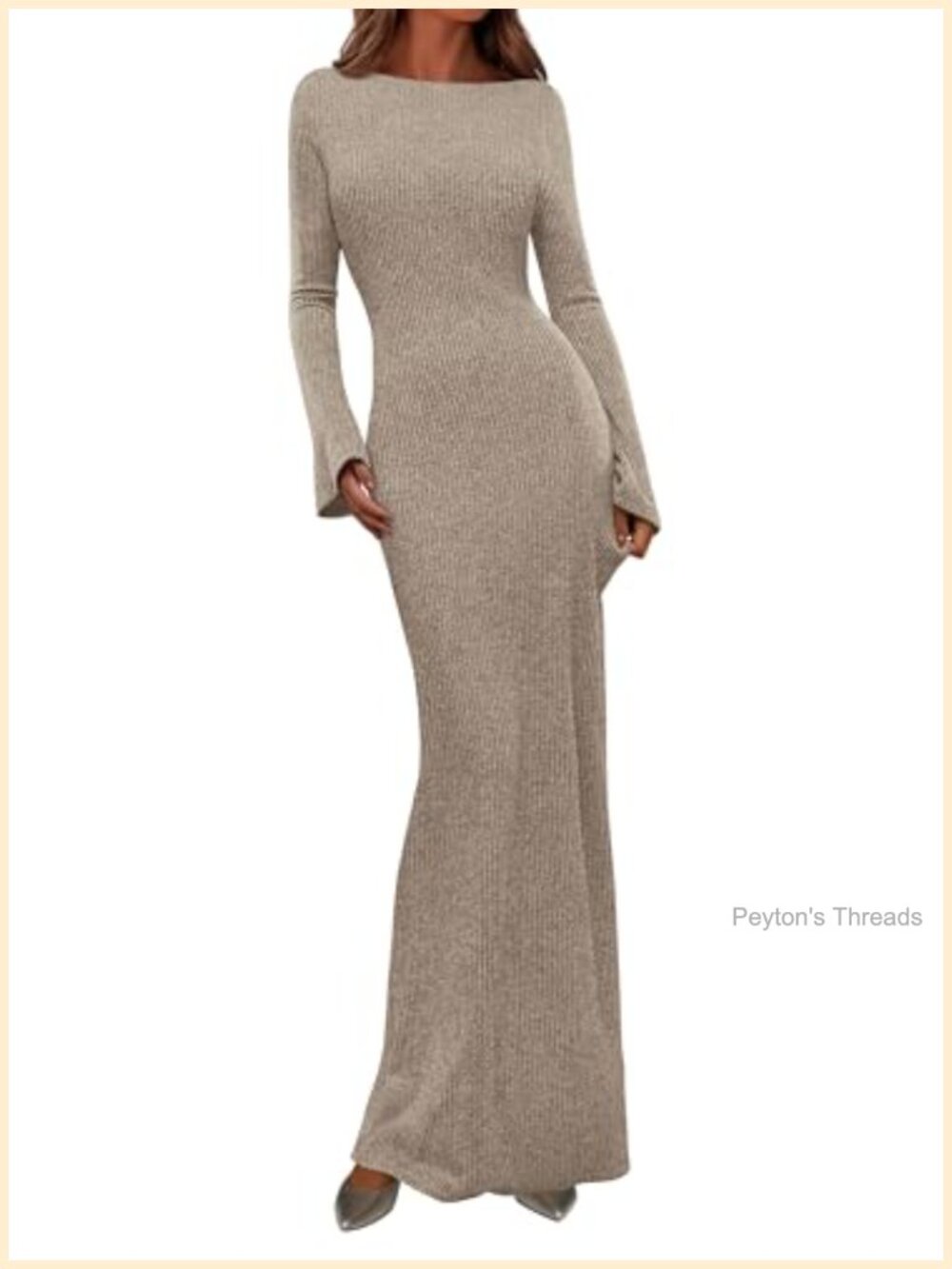 Ribbed Knit Bodycon Maxi Dress Long Sleeve Boat Neck Bell Sleeve
